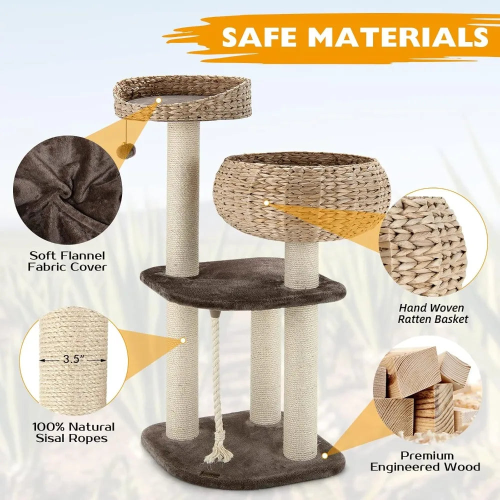 Tangkula Modern Cat Tree – Small Tall Indoor Cat Tower with Sisal Scratching Post & Handmade Wicker Cat Condo for Stylish Homes