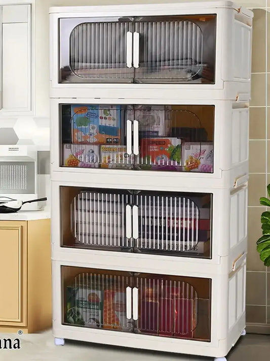 Cream-White Magnetic Door Plastic Storage Cabinet – Stackable Home Organizer Bin with Lids for Clothes, Toys & More