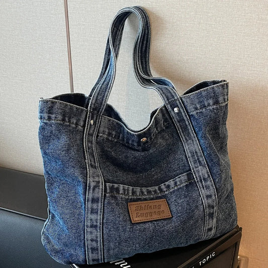 Women’s Large Denim Shoulder Bag – Trendy Tote Handbag with Spacious Capacity for Shopping & Daily Commute 👜💙