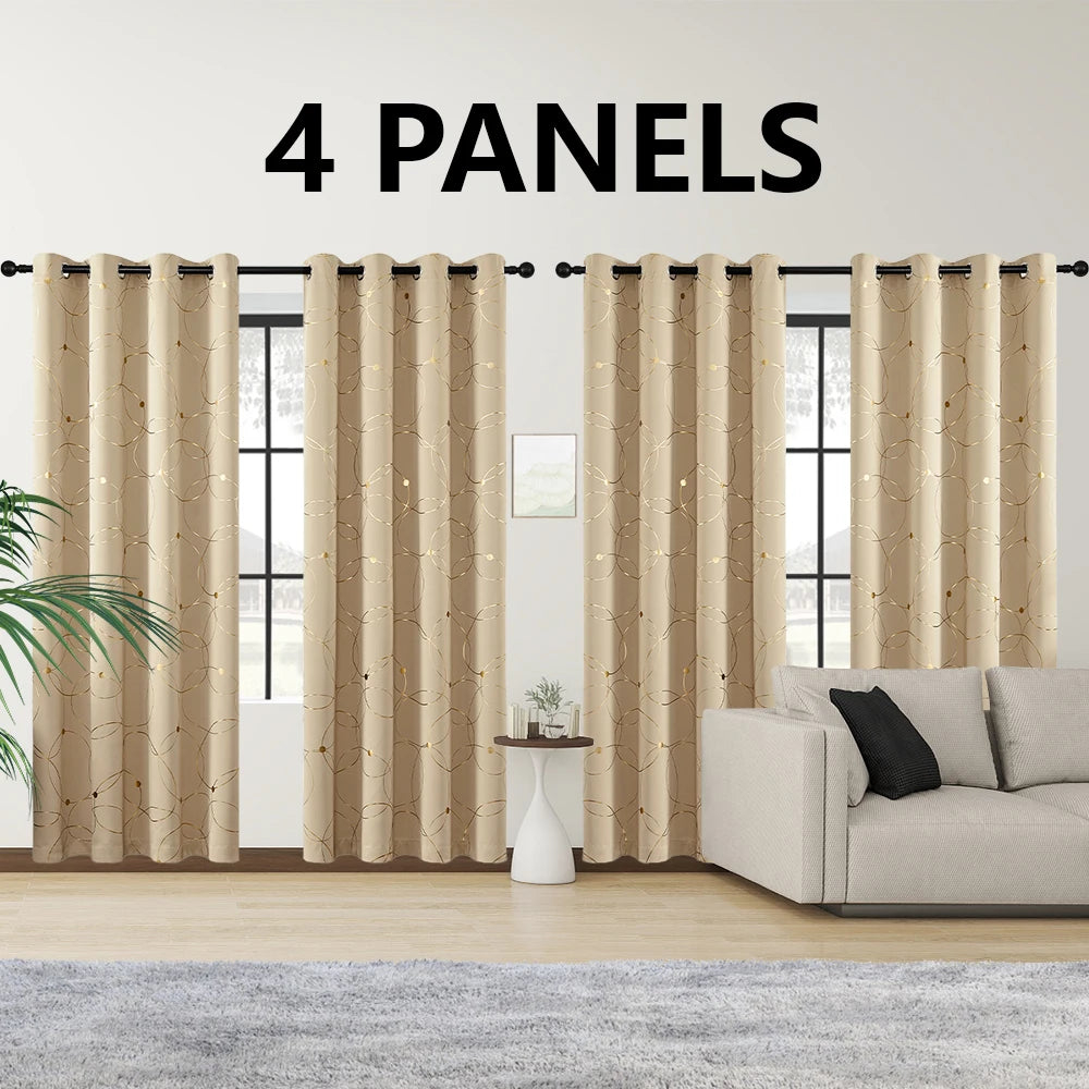 Blackout Thermal Insulated Room-Darkening Curtains – 4-Piece Grommet Circles & Dots Foil Print (Bedroom Set)