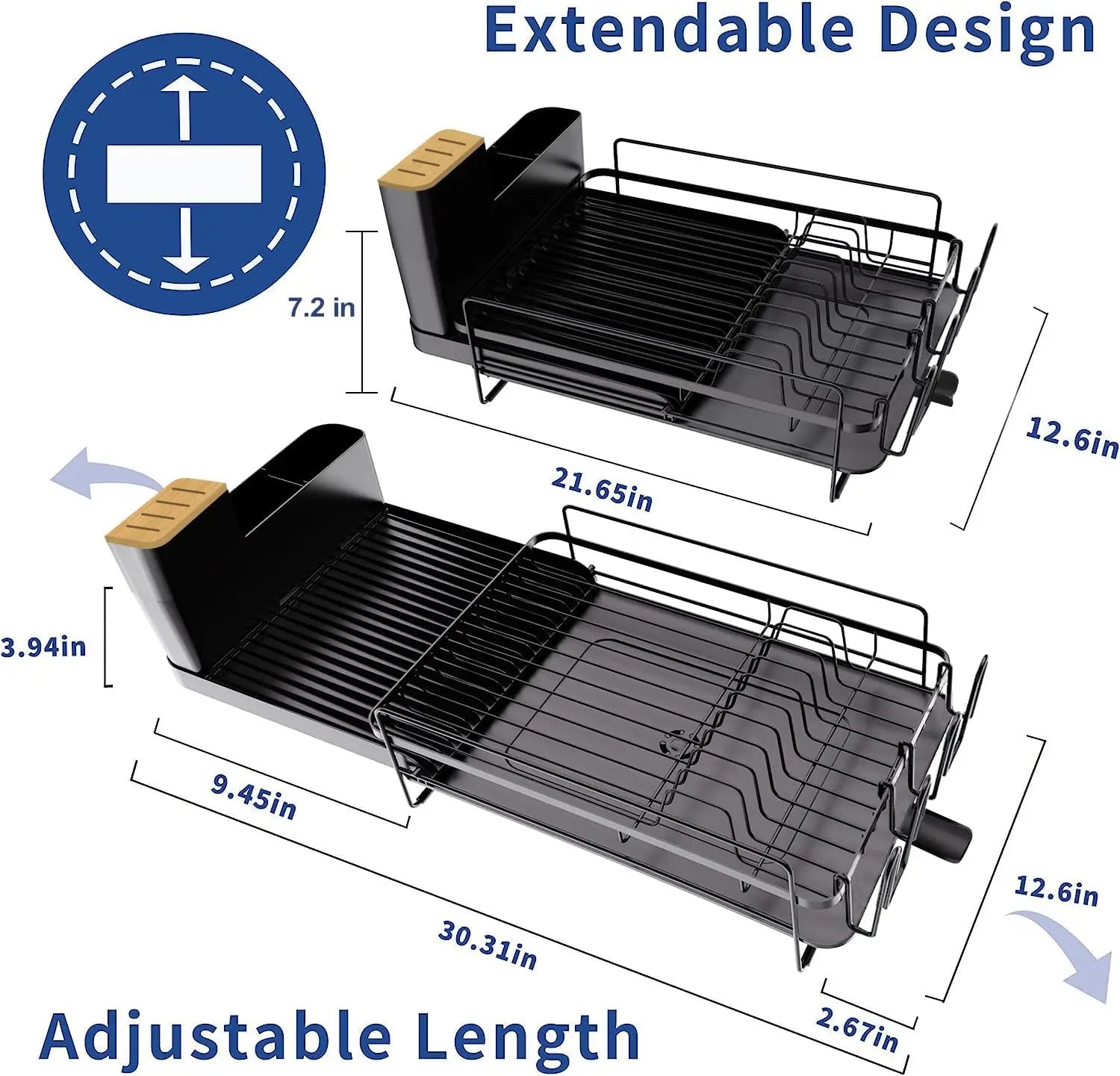 Large Dish Drying Rack with Drainboard Set – Expandable Dish Drainer with Utensil & Cup Holder | Adjustable Kitchen Organizer