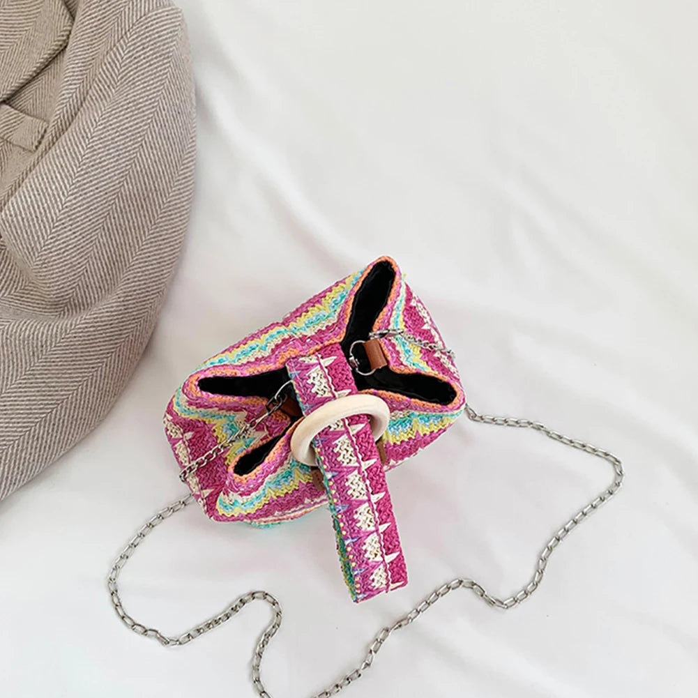 Women’s Colorful Straw Crossbody Satchel — Summer Woven Bucket Messenger Bag & Phone Clutch
