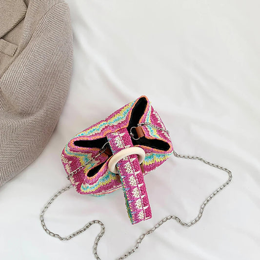 Women’s Colorful Straw Crossbody Satchel — Summer Woven Bucket Messenger Bag & Phone Clutch