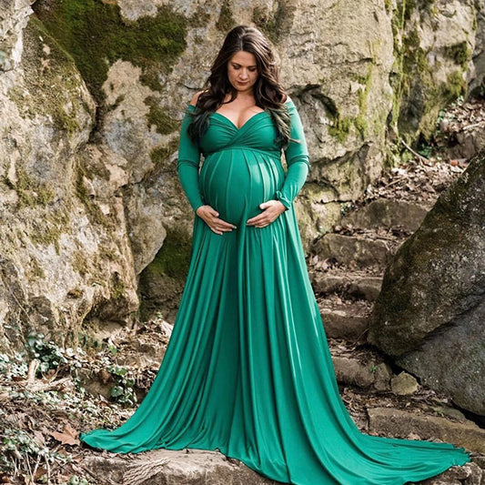 Women’s Off-Shoulder Maternity Photography Dress – Long Sleeve Solid Gown with Lace Detailing, Elegant Pregnancy Outfit