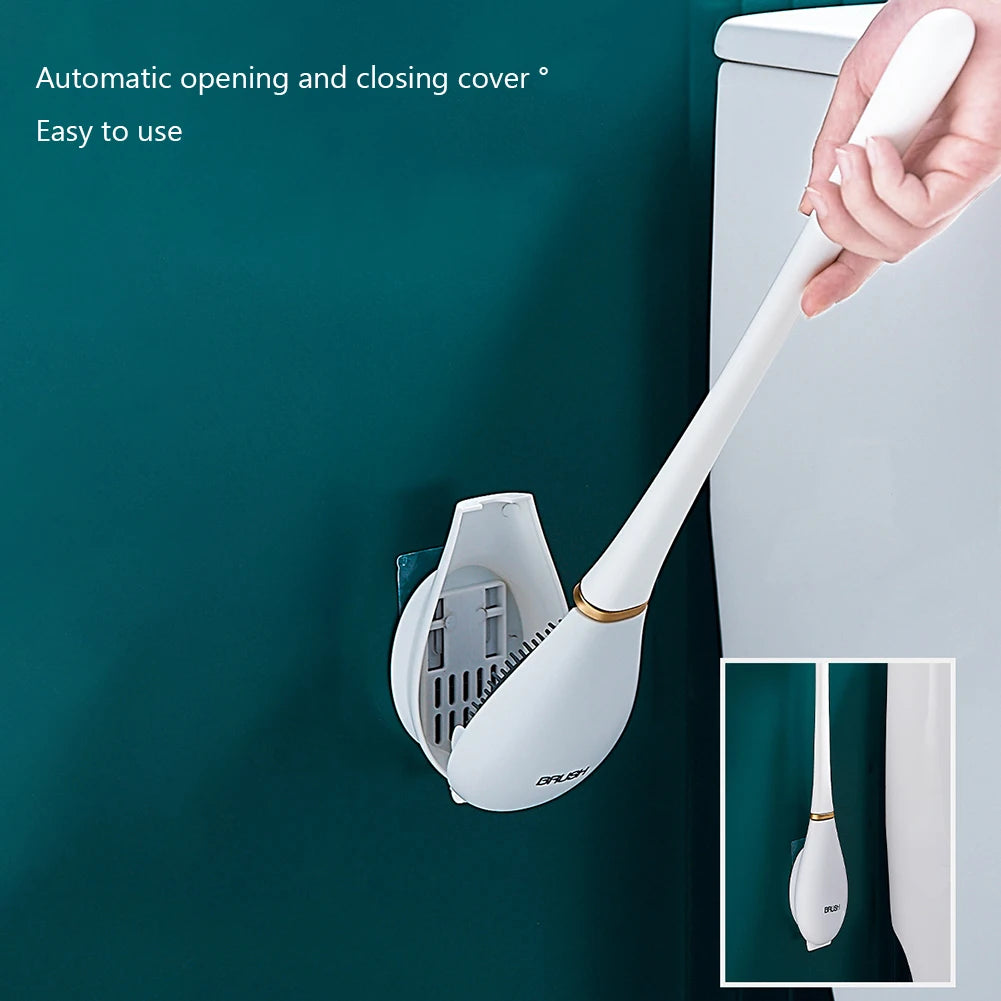 Self-Adhesive Silicone Toilet Brush & Holder Set – Flexible Long-Handle Dry-Quick Design