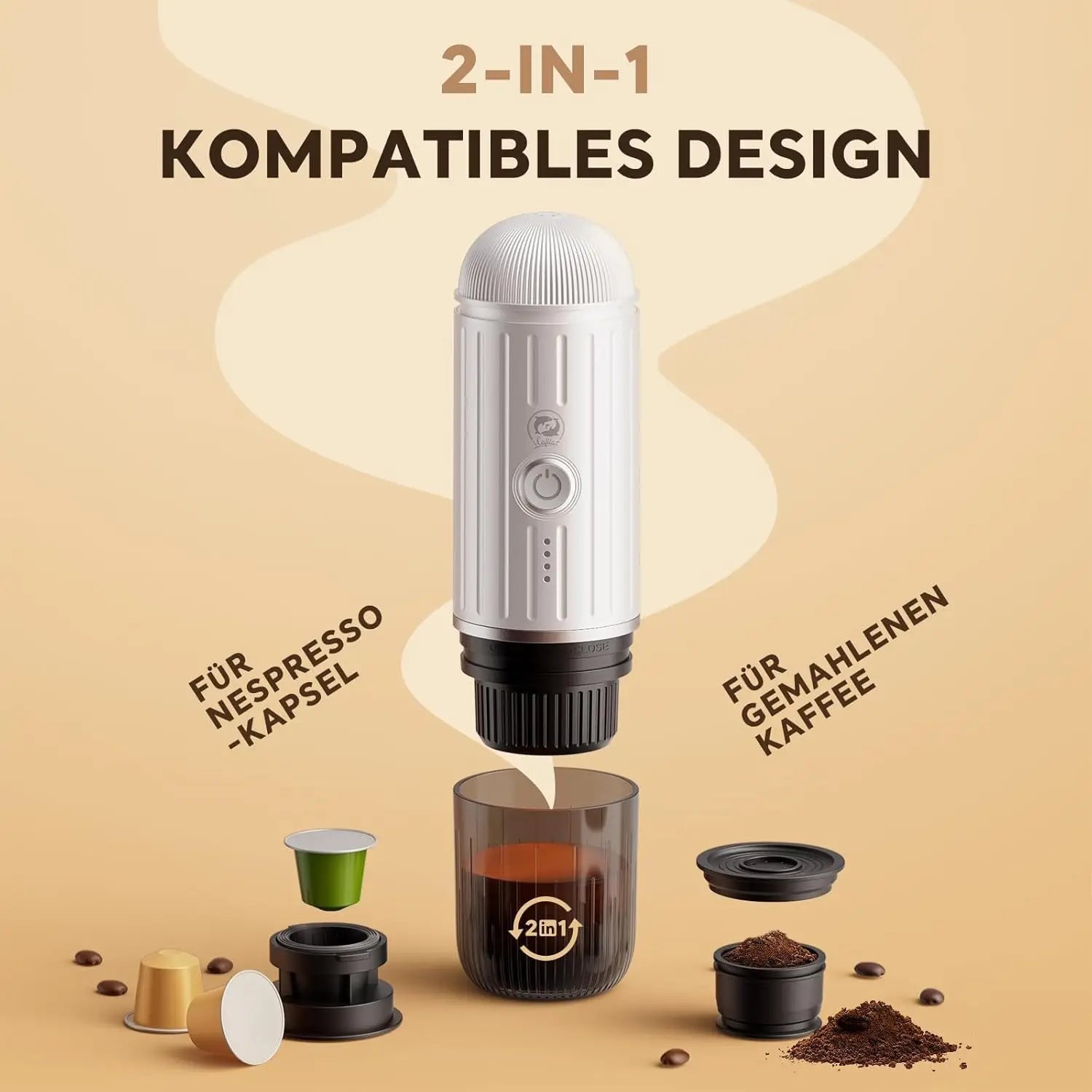 Rich Crema Portable Electric Espresso Maker – Self-Heating, 2-in-1 Extraction System for Travel, Car & Hiking