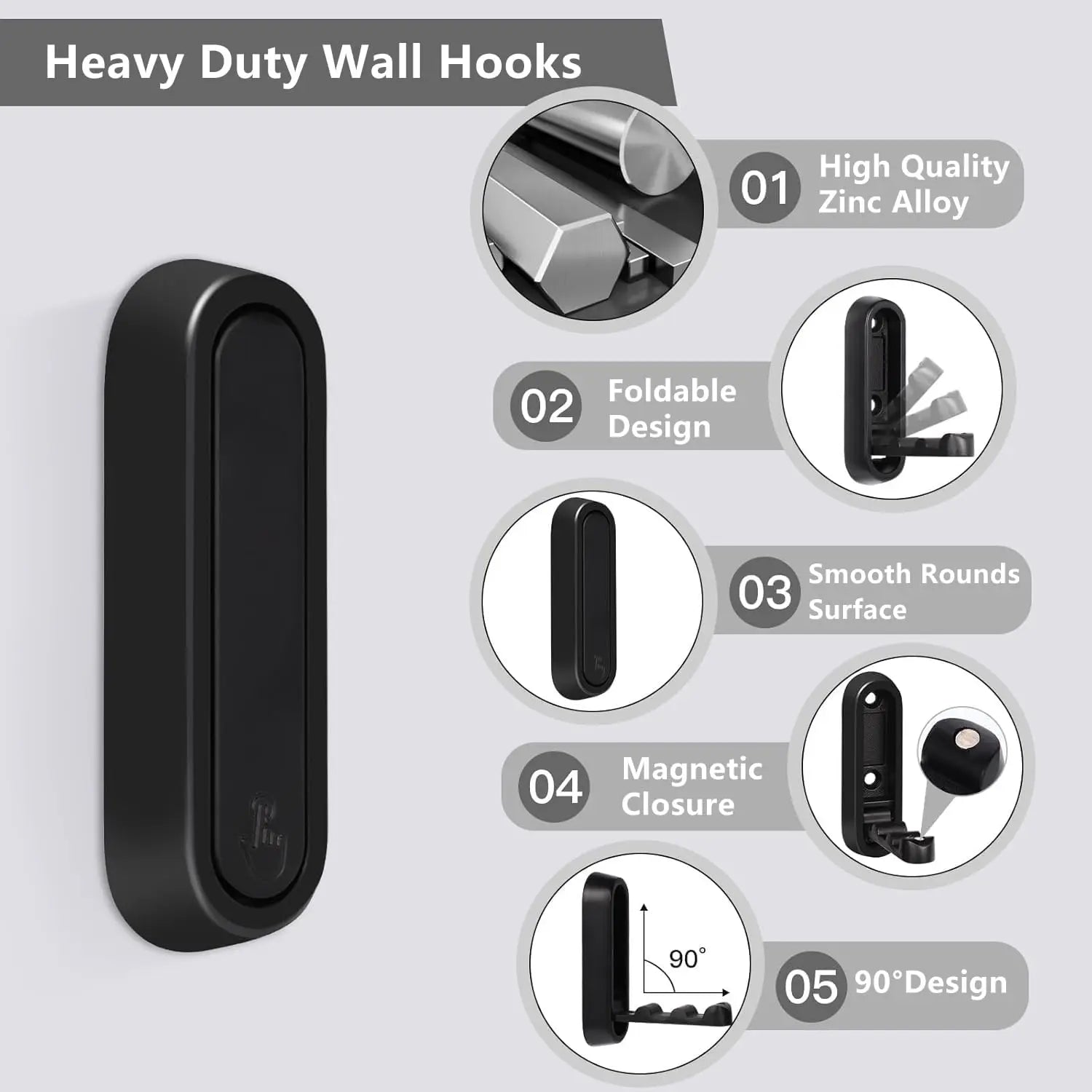 Heavy‑Duty Self‑Adhesive Wall Hooks (2‑Pack) – Matte Black Metal No-Drill Towel & Coat Holders