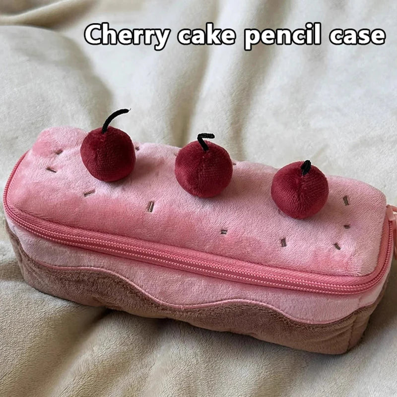 Cute Plush Cherry Cake Pencil Pouch – Large Capacity Soft Stationery Storage Bag