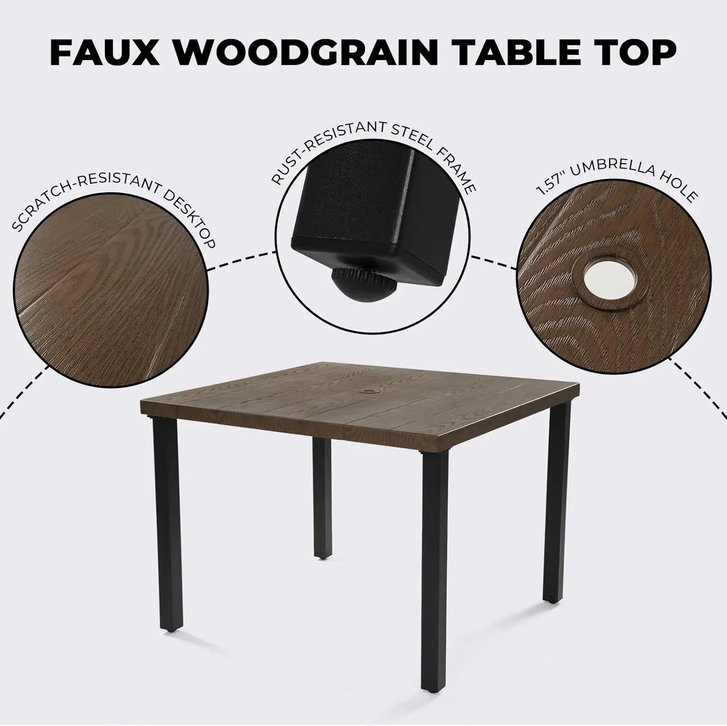 “5-Piece Outdoor Dining Set – 4 Leather-Look Wicker Swivel Chairs & Square Woodgrain Patio Table”