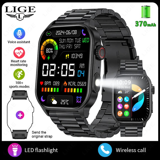 LIGE Smart Watch for Men – 2.01” HD Military Sport Smartwatch with Bluetooth Call, Health Monitor, LED Flashlight & Waterproof Design