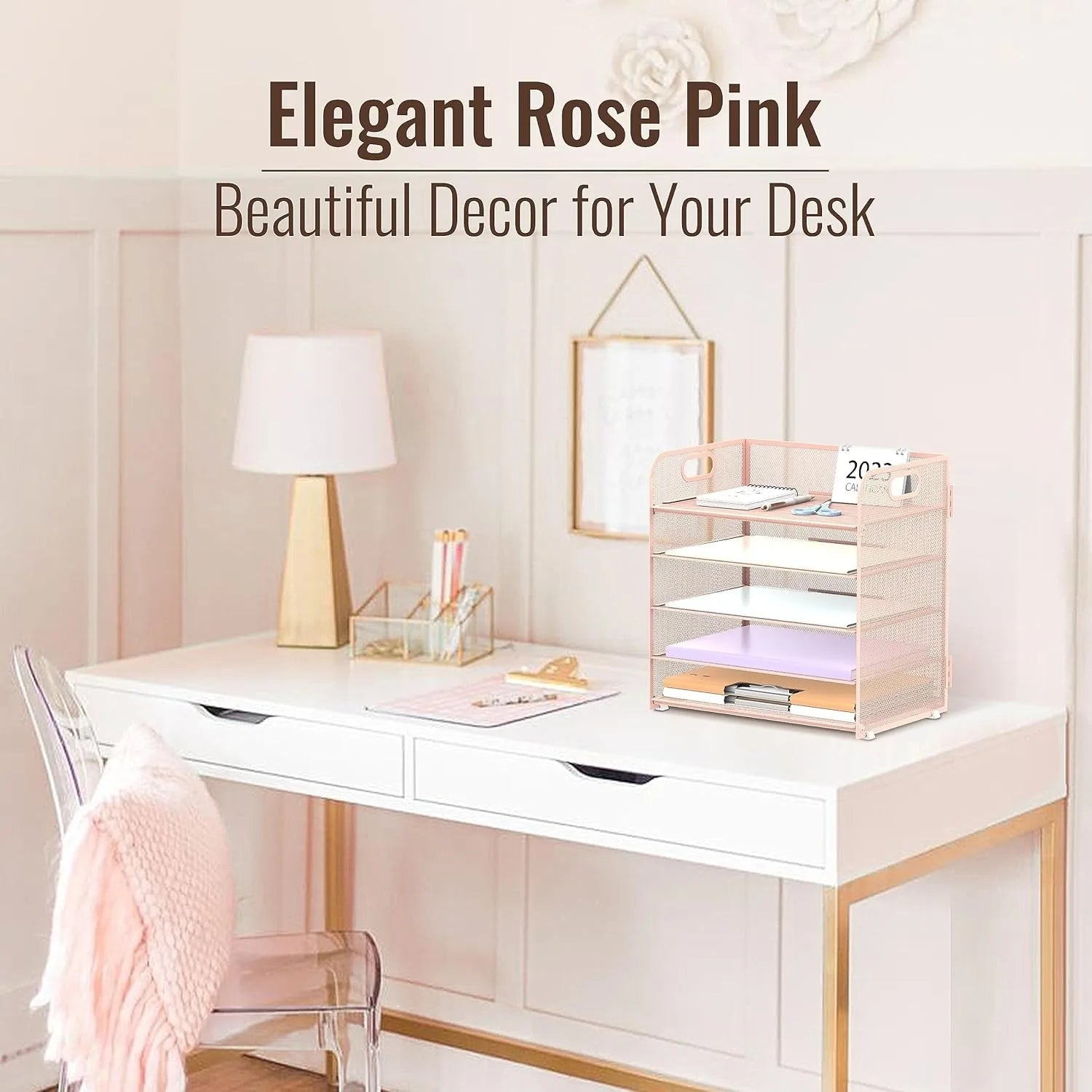 2-Pack Pink 5-Tier Mesh Desk Organizer with Handle – Letter-Tray Set