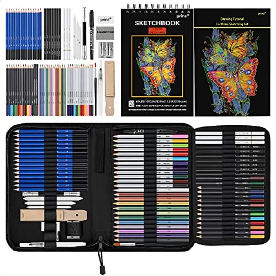 PRINA 76-Piece Professional Art Drawing Set – Sketching Kit with 3 Color Sketchbooks