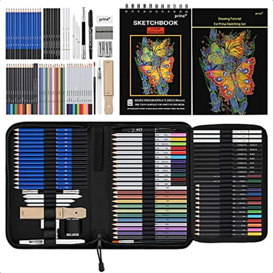 PRINA 76-Piece Professional Art Drawing Set – Sketching Kit with 3 Color Sketchbooks