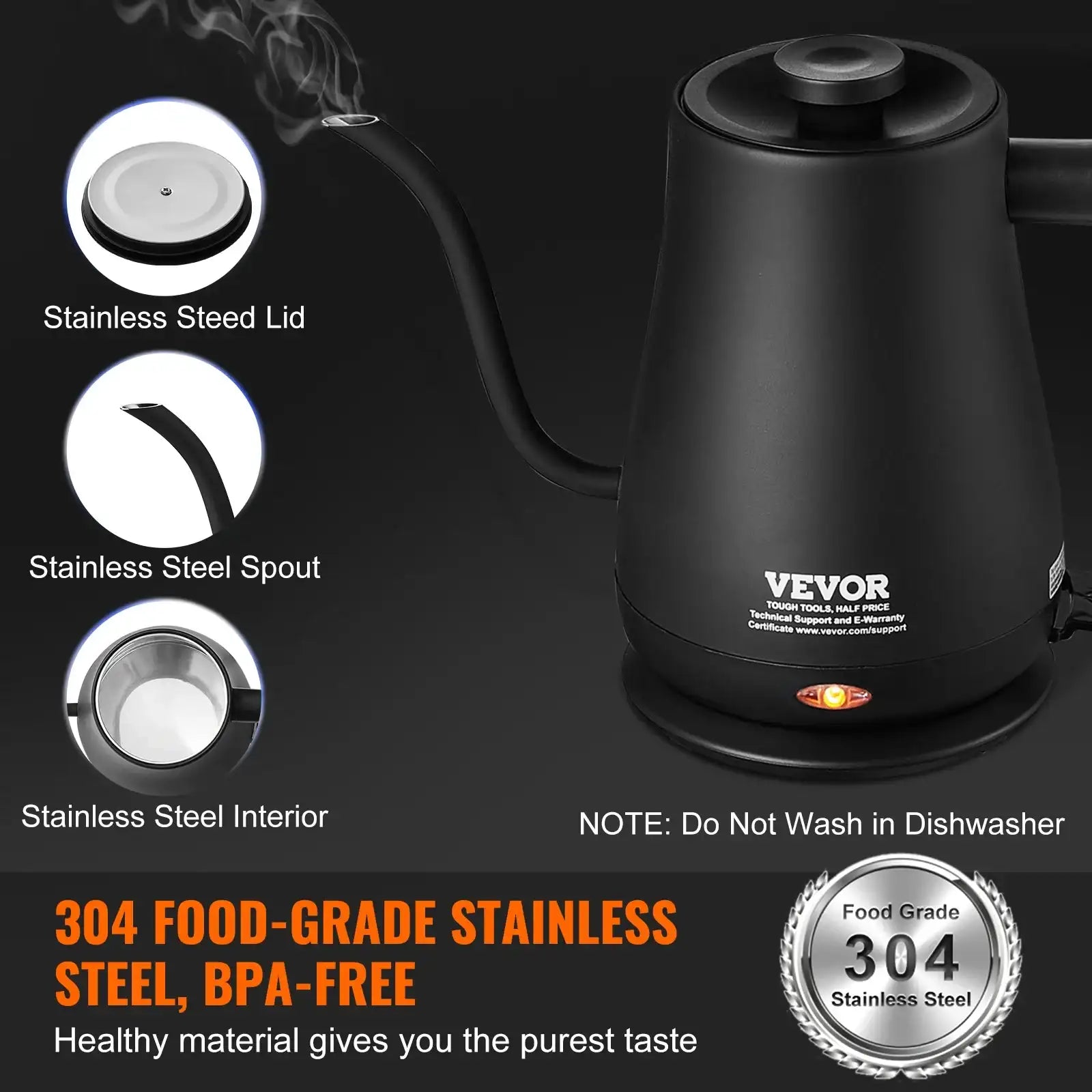 VEVOR 1 L Electric Gooseneck Kettle – 1200 W Fast-Heating Stainless Steel Pour-Over Coffee & Tea Kettle