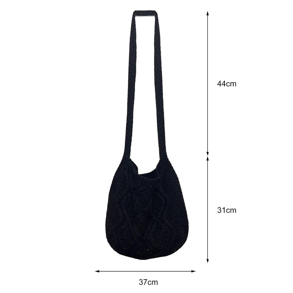 Wool-Knitted Shoulder Shopping Bag for Women – Vintage Cotton Cloth Tote, Large Crochet-Style Shopper Handbag