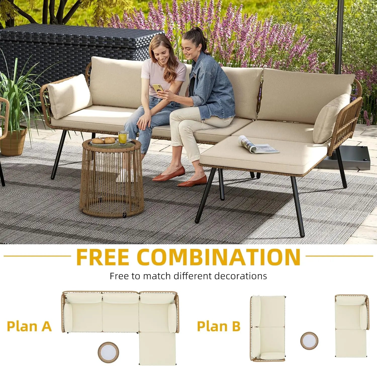 “3-Piece Patio Furniture Set – Wicker L-Shaped Sectional Conversation Sofa with Cushions for Backyard, Porch & Garden”