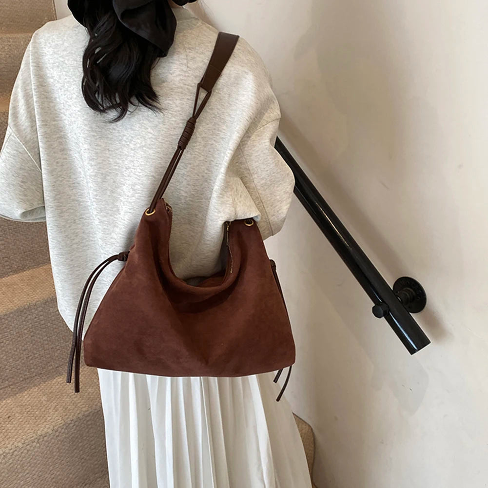 Women’s Suede Shoulder & Messenger Bag – Retro Soft Handbag with Adjustable Strap and Zipper for Work & Travel