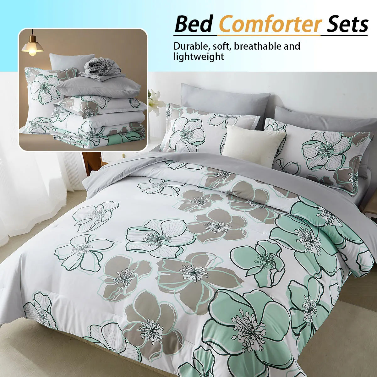 7-Piece Floral Print Quilt Set – Soft All-Season Bedding for Queen & King Size Beds
