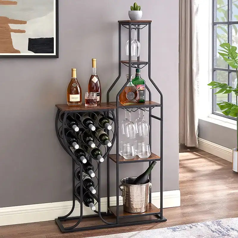 11-Bottle 5-Tier Freestanding Wine Baker’s Rack with Glass Holder & Storage Shelves