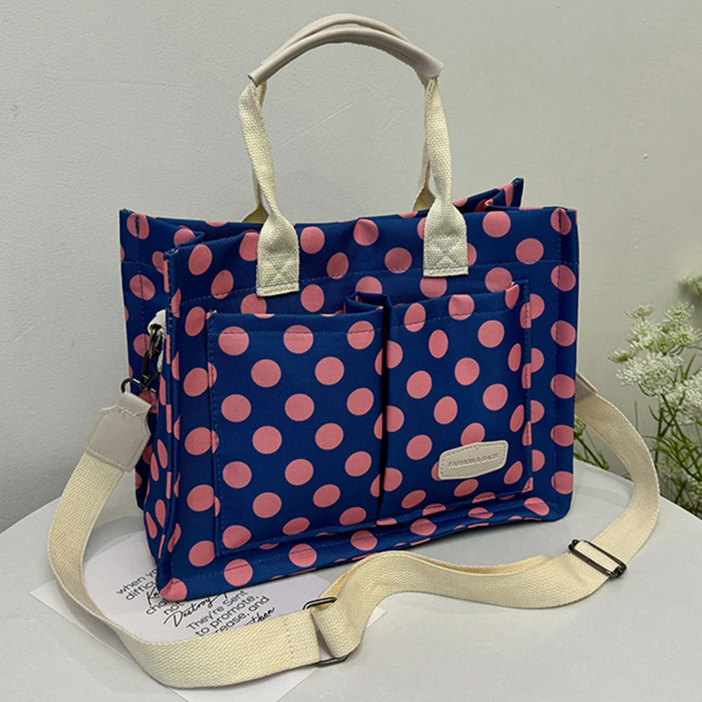 Women’s Polka Dot & Floral Tote Bag – Large-Capacity Stylish Shoulder & Crossbody Bag with Adjustable Strap & Multi-Pockets for Travel