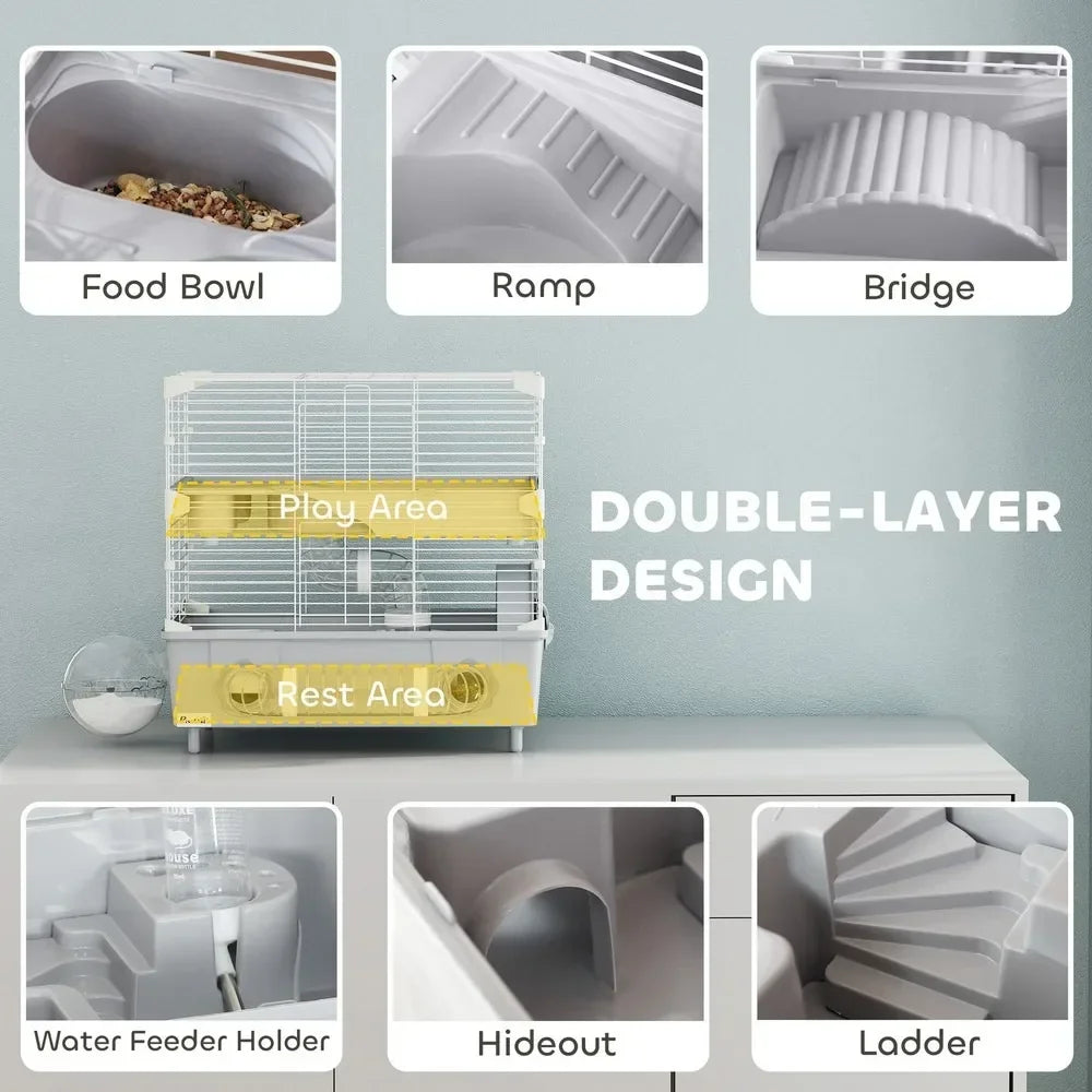 2-Tier Hamster Cage – Spacious Hamster Habitat with Accessories, Durable Gray Design for Small Pets