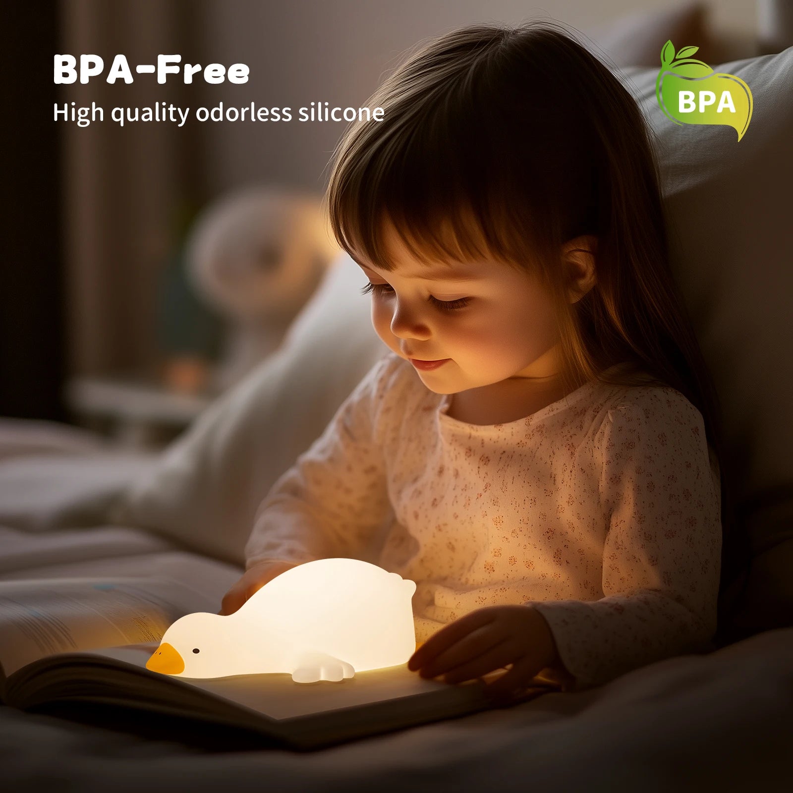 Duck Night Light for Kids – Rechargeable Silicone Tap Control Nursery Lamp, 3 Brightness Levels, Auto-Off LED Squishy Bedside Light