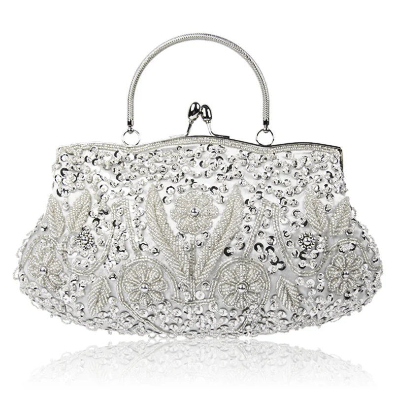 Women’s Retro Beaded Embroidered Evening Bag – Bridal Clutch with Chain Strap for Weddings, Parties & Banquets