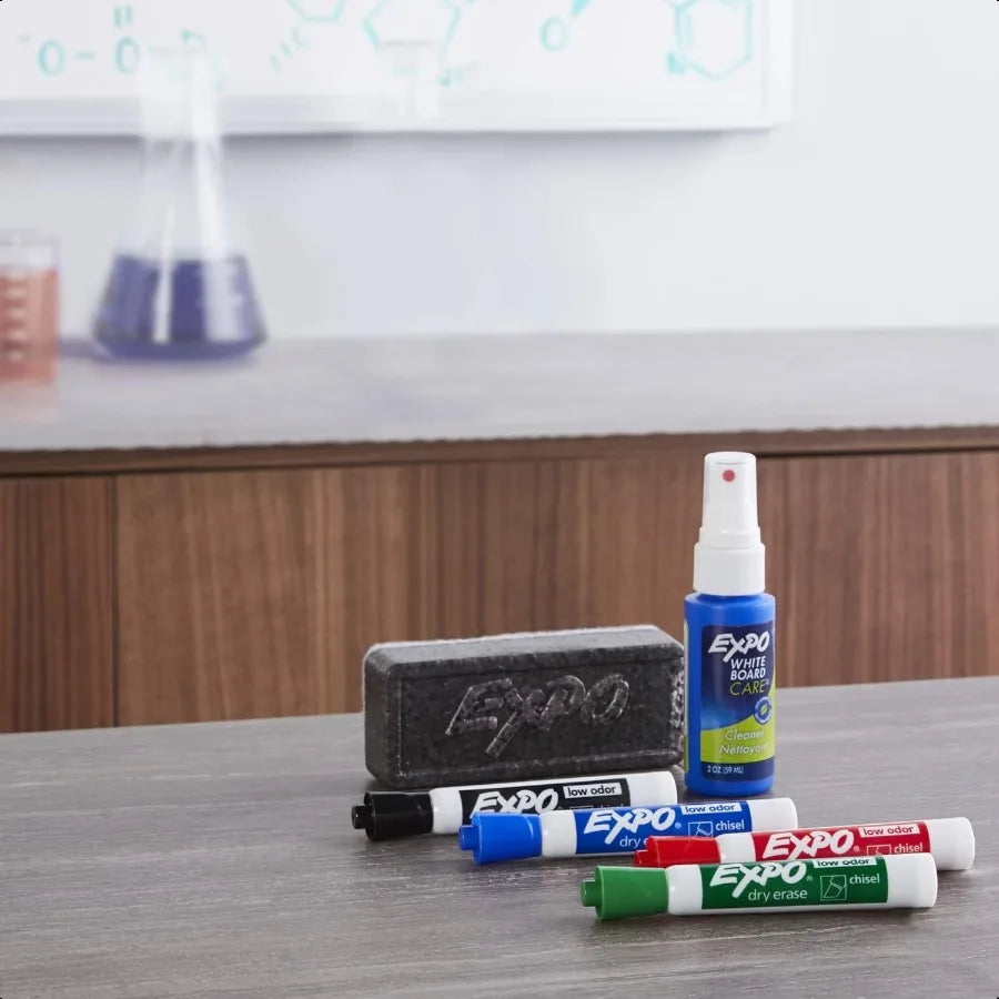 Dry Erase Markers Kit – Chisel Tip Whiteboard Markers with Eraser & Cleaner Spray (6 Colors)