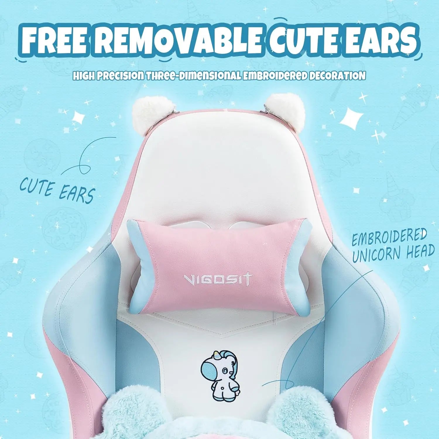 Cute Gaming Chair with Cushion & Decorated Ears – Ergonomic Reclining Computer Chair for Girls, Teens & Kids, Blue/Pink
