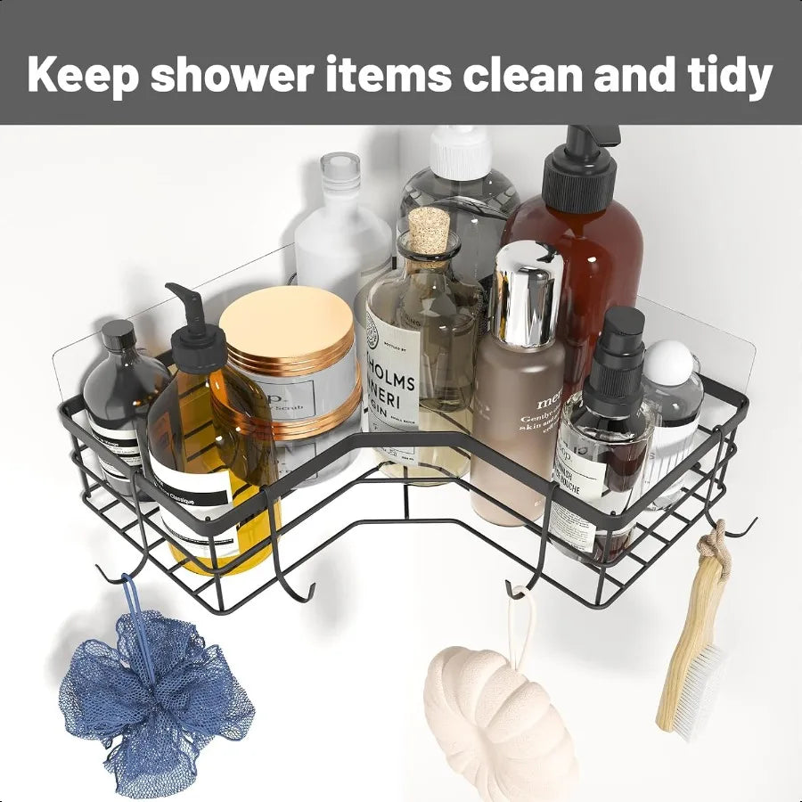 4-Pack Black No-Drill Corner Shower Organizers – Wall-Mounted Shelves with Soap Caddy & Toothbrush Holder