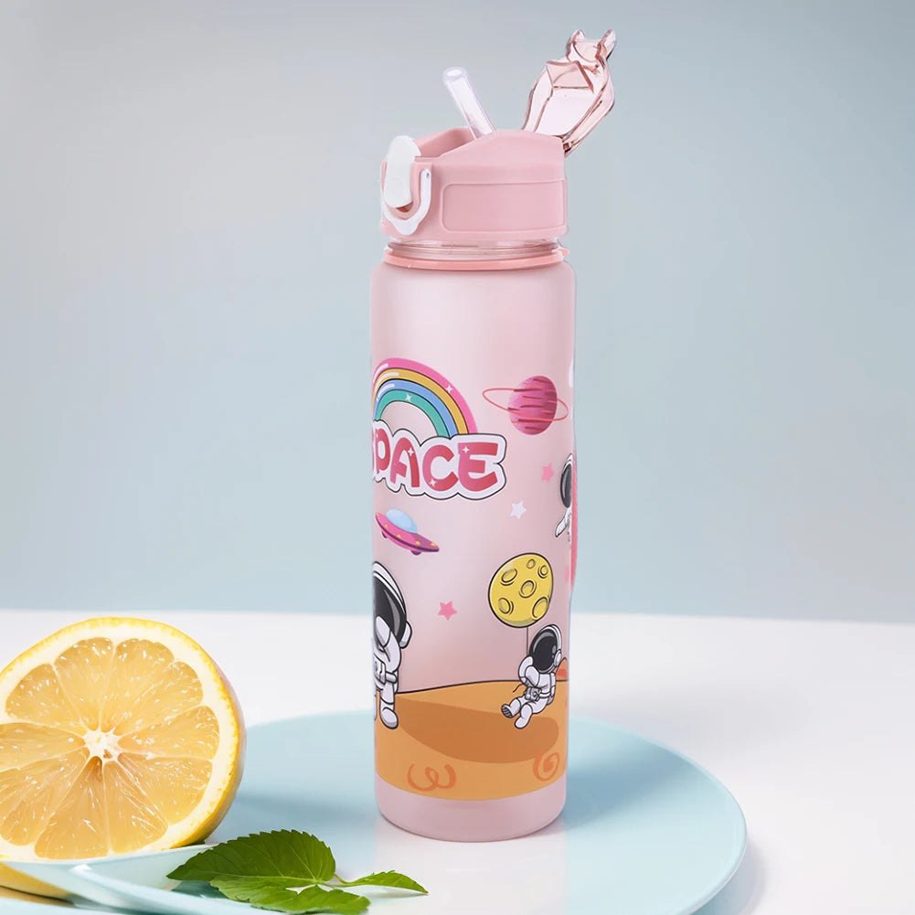 800ml Astronaut Sports Water Bottle with Straw & Carry Handle for Kids (Large Capacity)