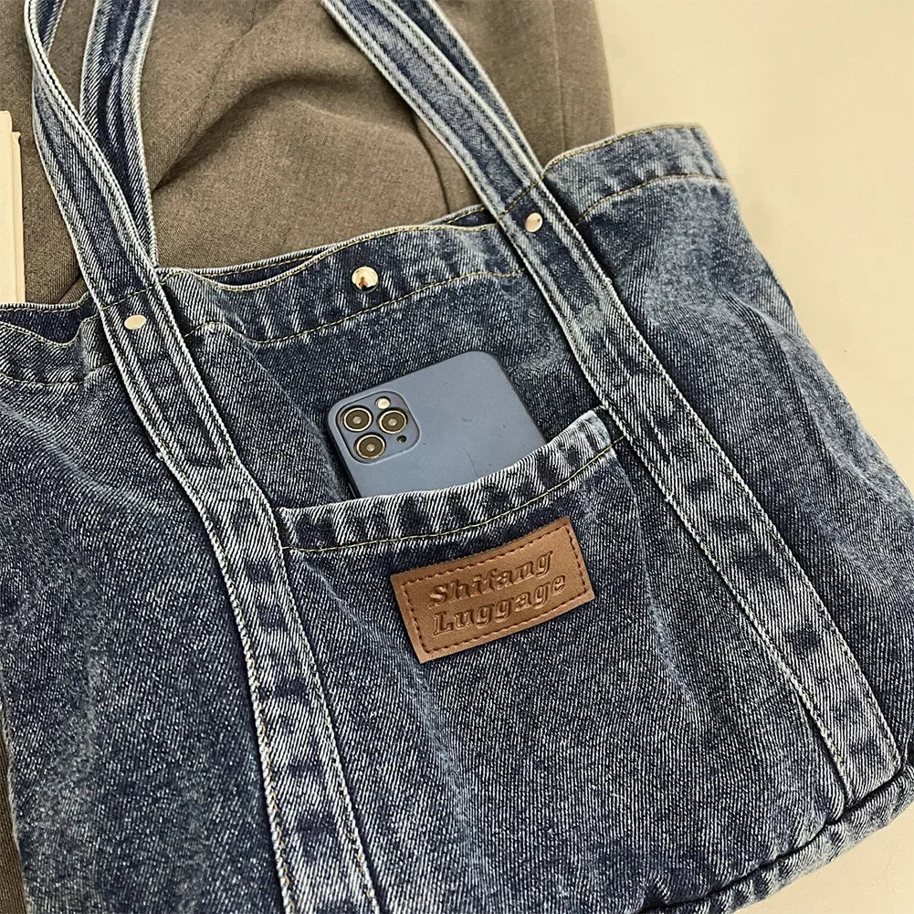 Women’s Large Denim Shoulder Bag – Trendy Tote Handbag with Spacious Capacity for Shopping & Daily Commute 👜💙