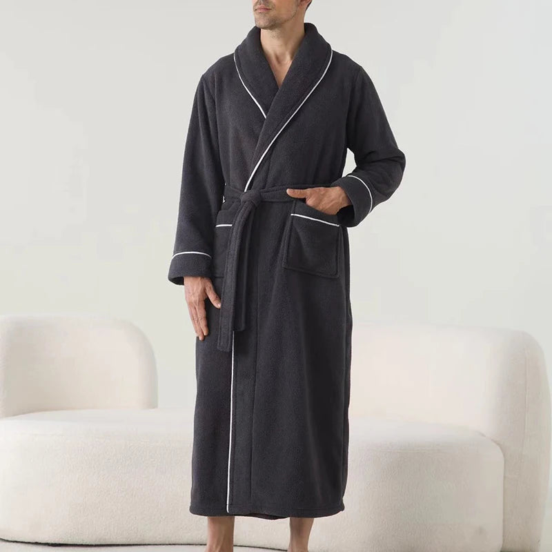 Luxurious Men’s Plush Shawl Collar Bathrobe – Soft Long-Sleeve Belted Spa Robe for Warmth & Style