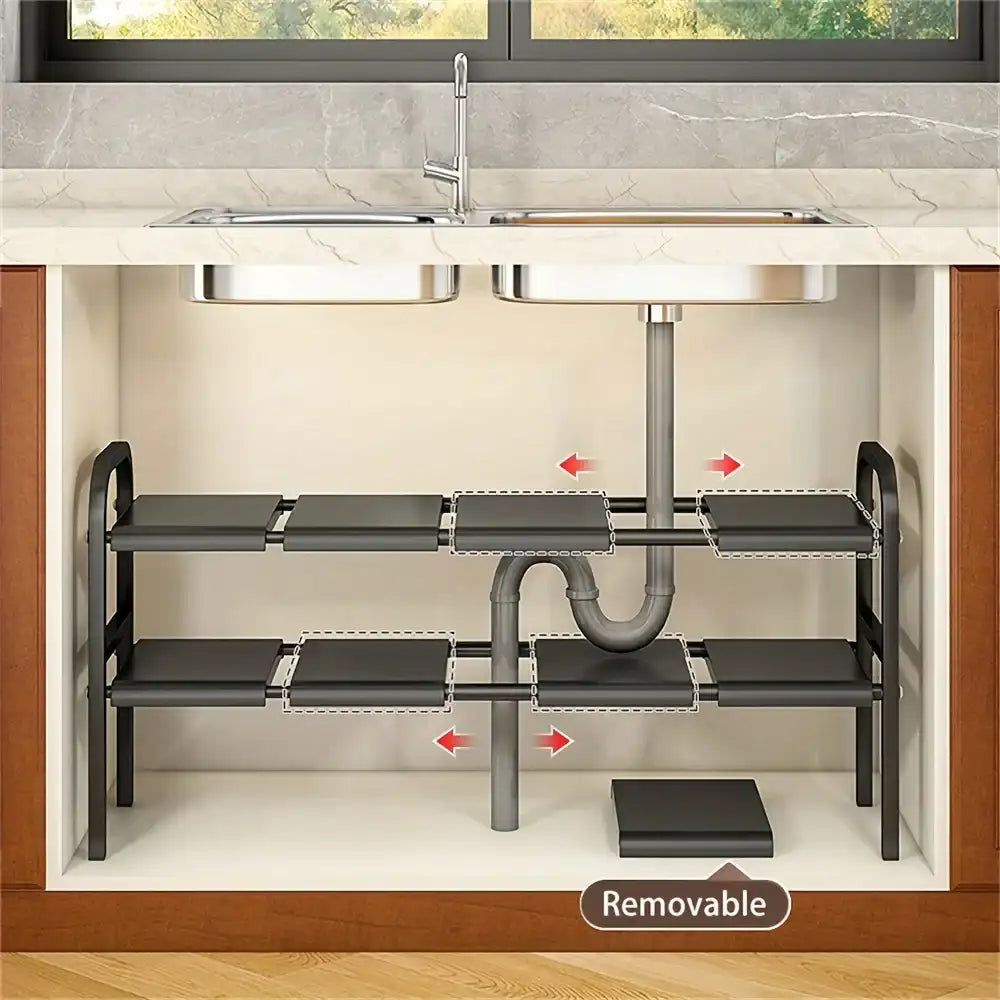 Expandable Under Sink Organizer Rack – 2-Tier Adjustable Cabinet Shelf with Removable Baskets