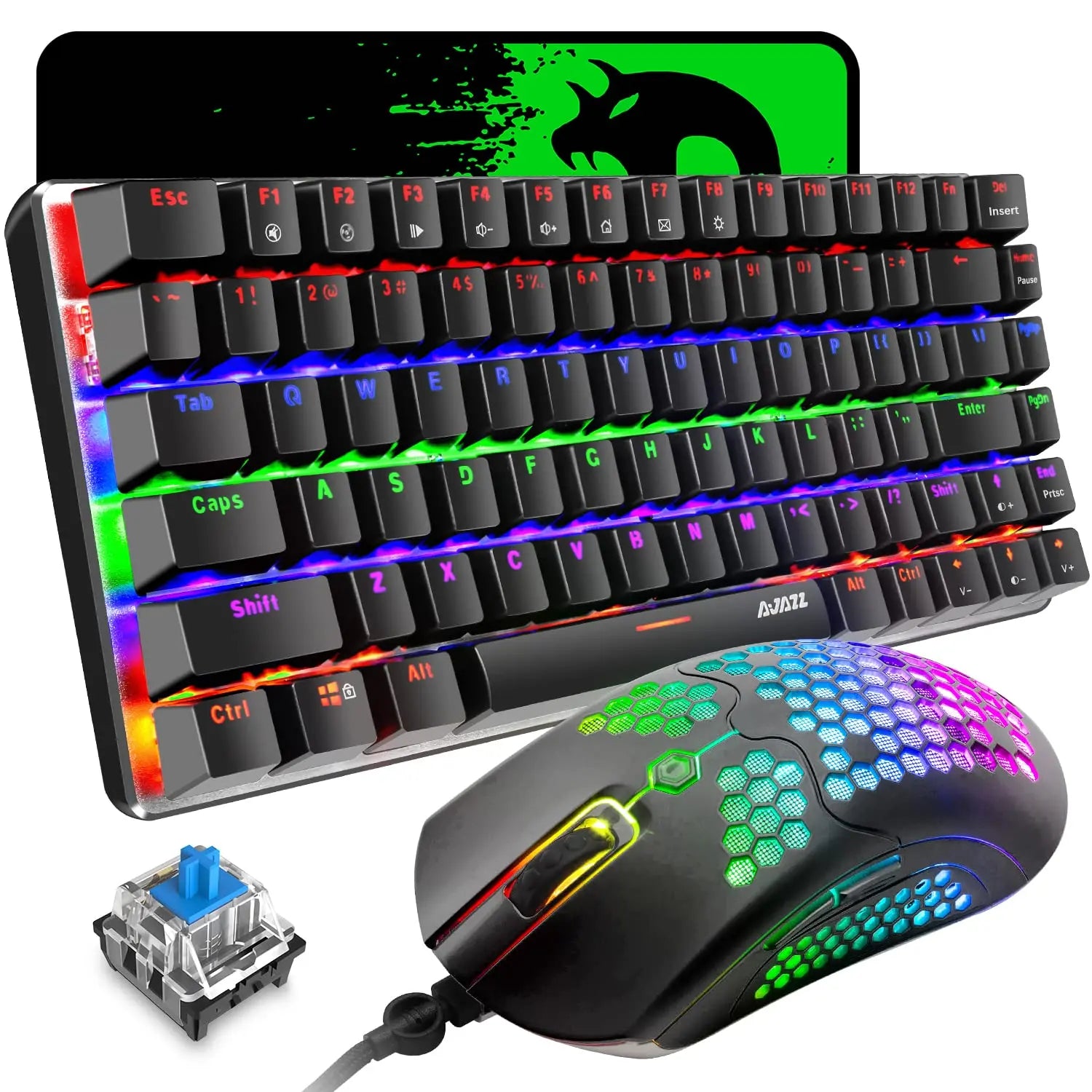 80% Mechanical Gaming Keyboard & Mouse Combo – Rainbow Backlit Keyboard with 12,000 DPI Honeycomb Gaming Mouse & Mousepad