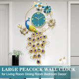 40 Inch Silent 3D Peacock Wall Clock – Luxury Crystal Modern Art Large Non-Ticking Metal Clock