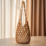 Women Woven Wicker Tote Bag – Hollow-Out Wooden Bead Hand-Bag with Canvas Netted Body, Beach & Summer Shoulder Bucket Bag