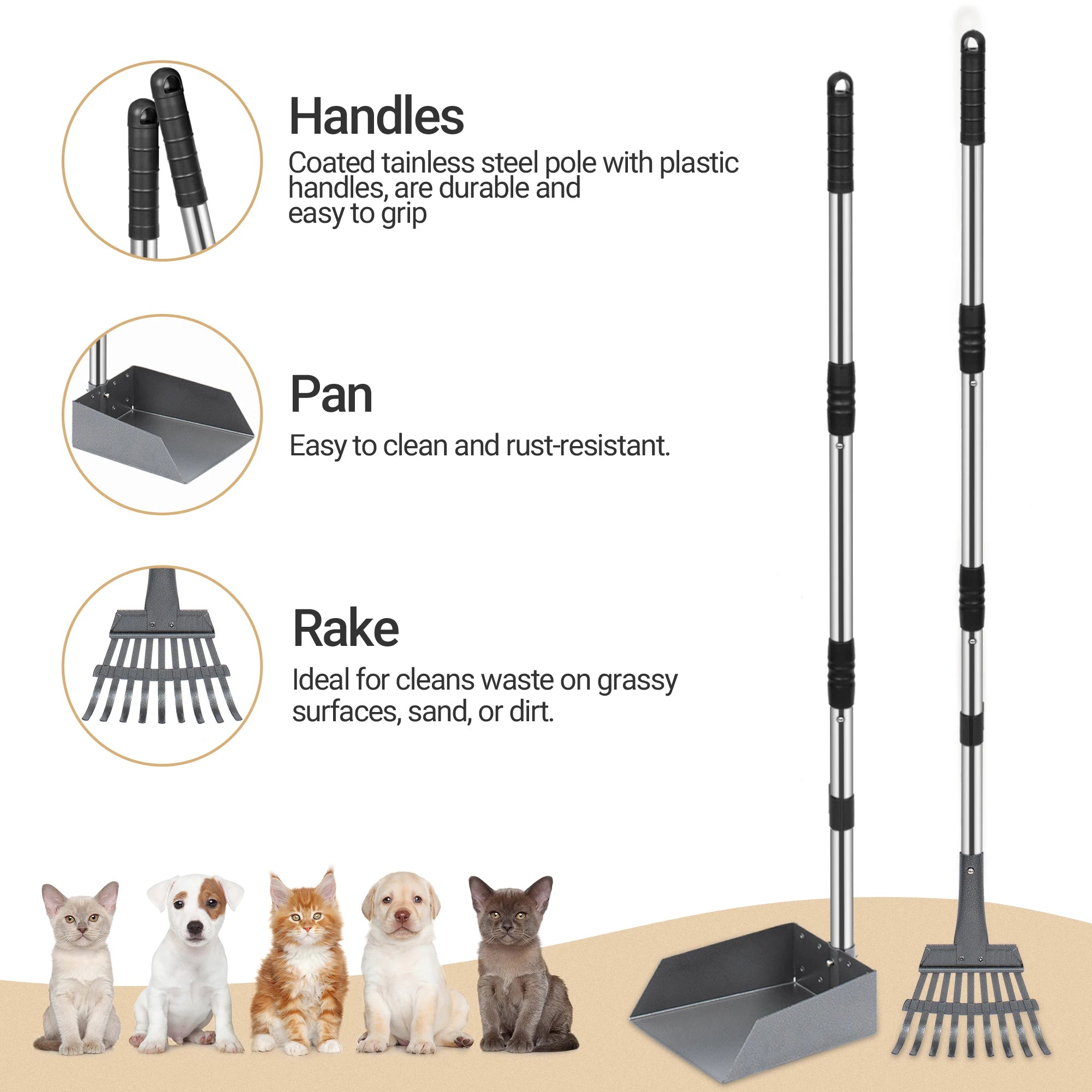 Dog Pooper Scooper Tray & Rake Set – Pet Waste Removal System with Long Adjustable Stainless Steel Handles for Easy Cleanup