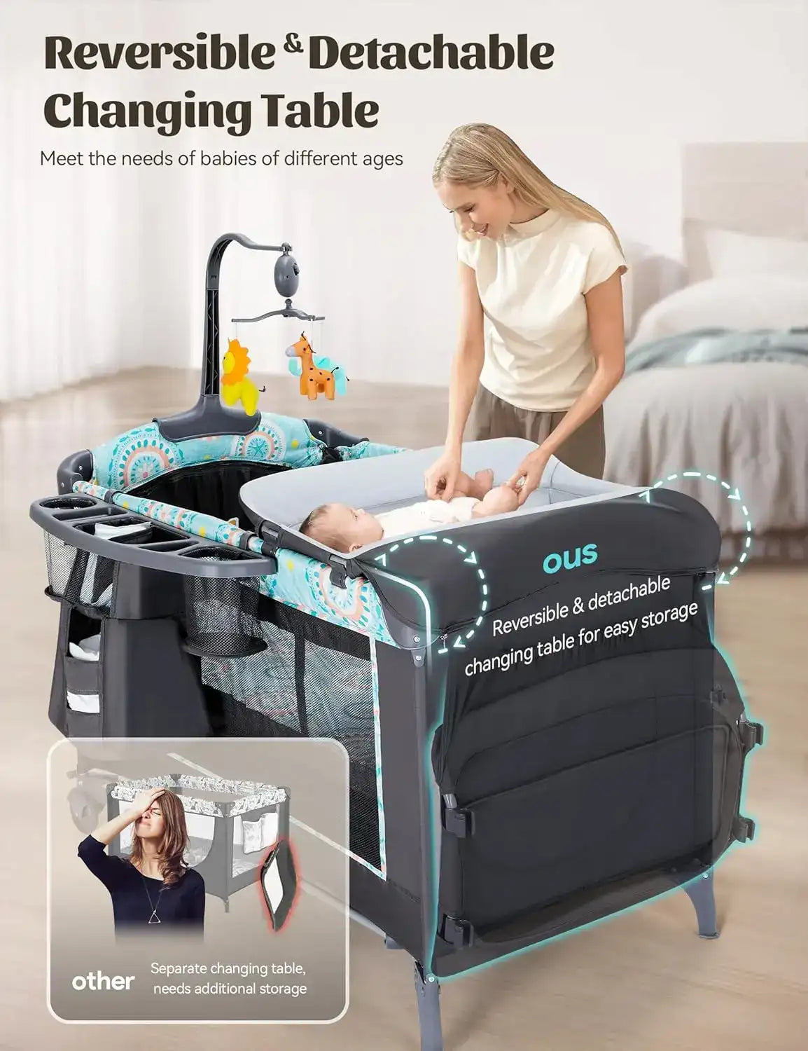 5-in-1 Bedside Bassinet & Convertible Baby Crib with Detachable Changing Table, Mattress, Storage Basket & Music – Adjustable Height