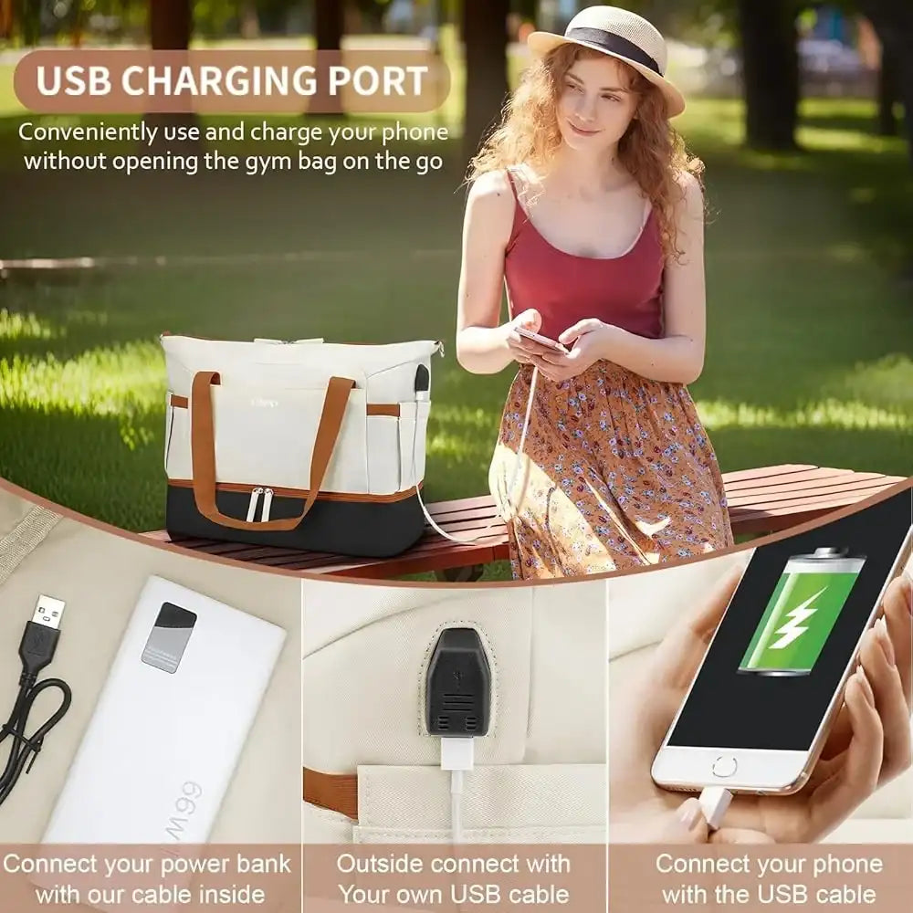 “Women’s Gym Duffel Bag with USB Charging Port, Shoe Compartment & Wet-Pocket Travel Weekender”