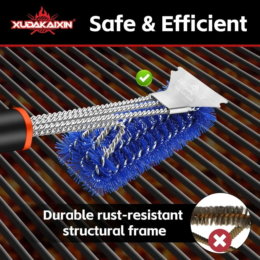 “Grill Brush & Scraper – Safe Nylon Bristles Triple Scrubber for BBQ Cleaning Cast Iron, Porcelain & Weber Gas Grates”