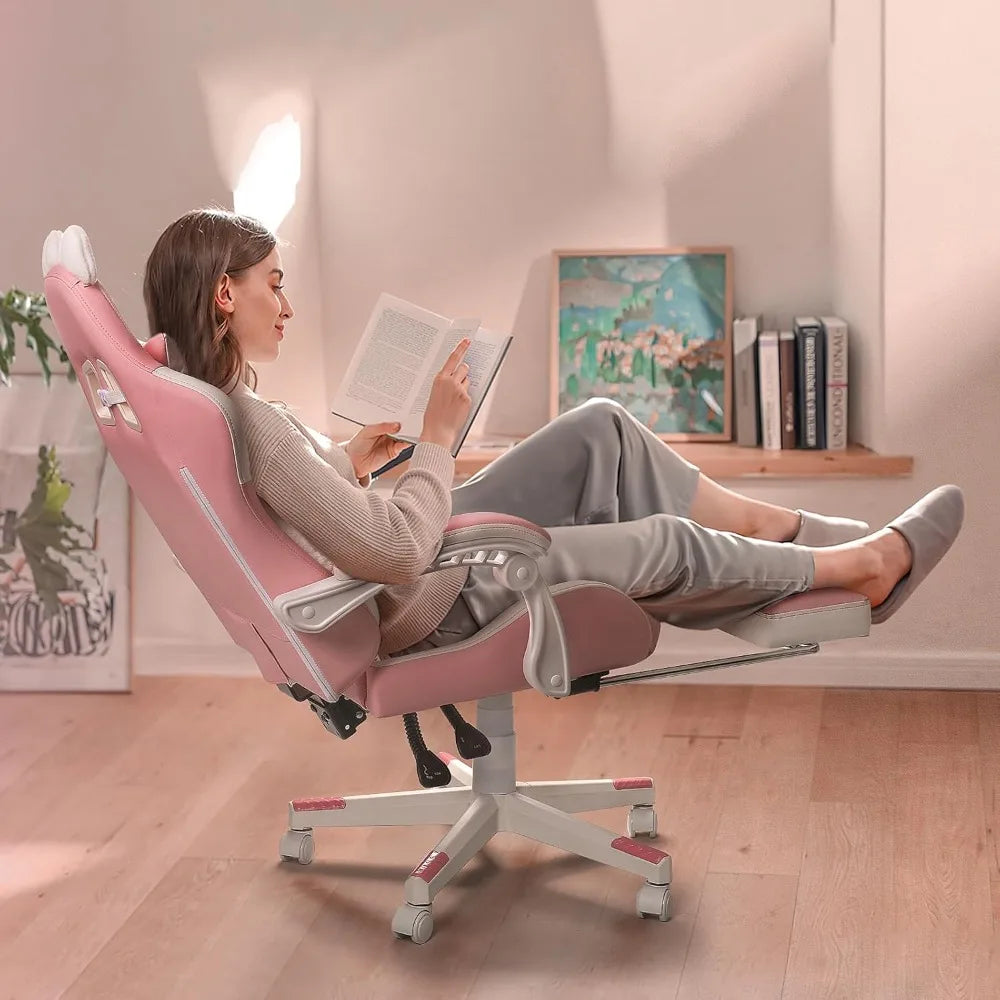 Cute Gaming Chair with Cat Ears – Ergonomic Computer Chair with Cat Paw Lumbar Cushion, Footrest & Headrest for Girls & Teens