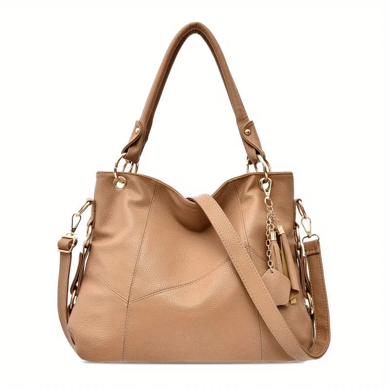 Classic Design Soft Leather Hobo Bag – 2-Way Carry Large Capacity Tote & Crossbody with Trendy Keychain 👜✨