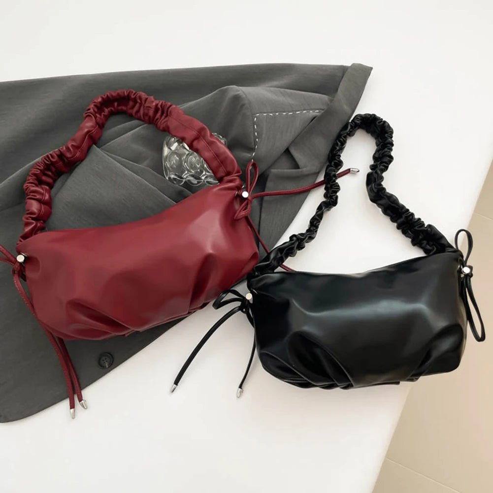 Women’s PU Leather Dumpling Shoulder Bag – Bow Accent Clutch with Inner Pocket & Zipper Closure for Work & Travel