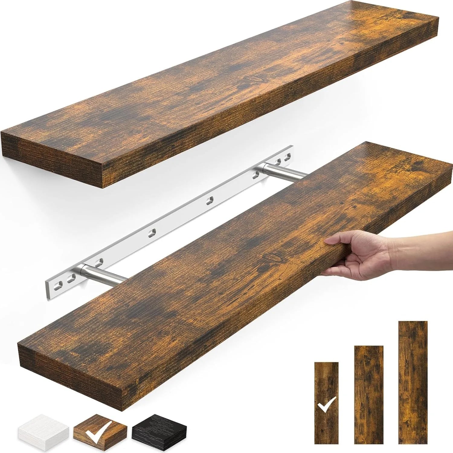 Rustic Brown Floating Wall Shelves Set of 2 – 22.5″ Wall-Mounted Wood Storage for Bathroom, Bedroom & Kitchen