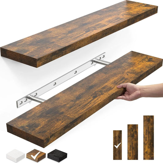 Rustic Brown Floating Wall Shelves Set of 2 – 22.5″ Wall-Mounted Wood Storage for Bathroom, Bedroom & Kitchen