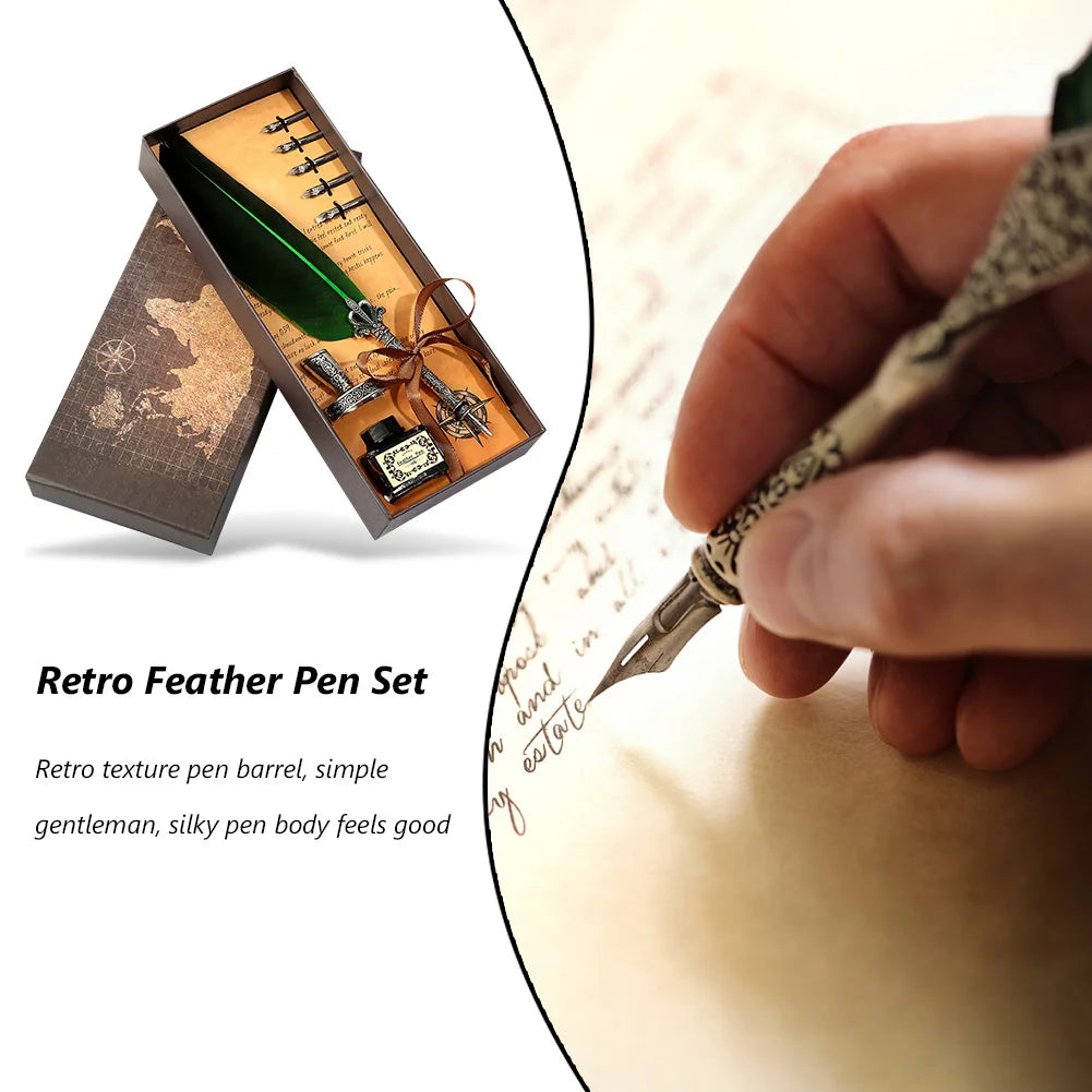✒️ Retro Vintage Calligraphy Feather Dip Pen Set – Quill Fountain Pen with Ink for Writing, Crafts & Gifts