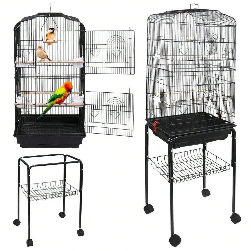 59" Rolling Bird Cage – Spacious Home with Stand & Pull-Out Tray for Cockatiels, Parakeets, Finches & Canaries