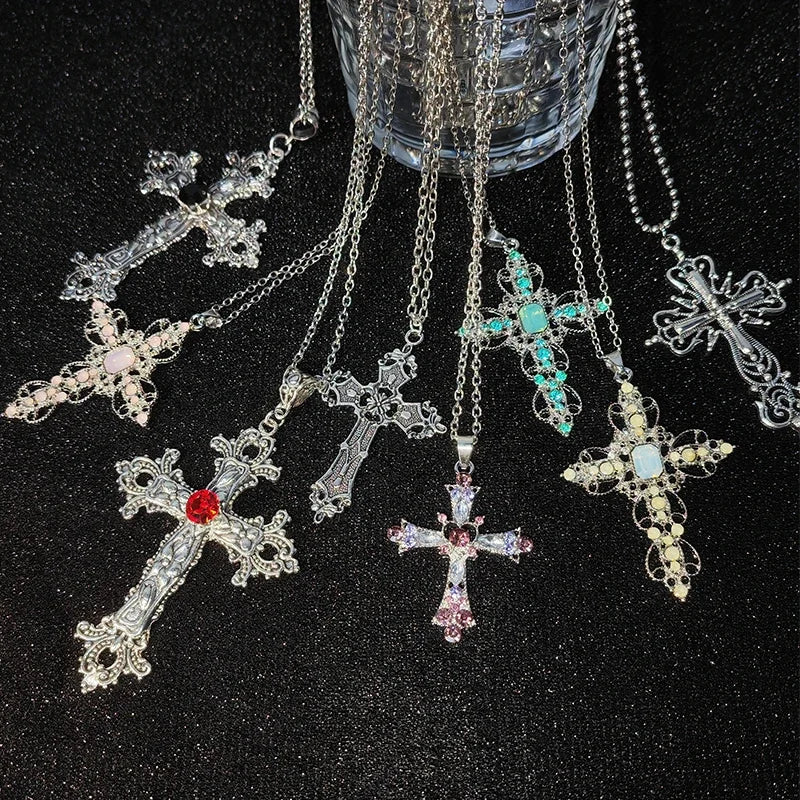Gothic Zircon Cross Necklace – Unisex Y2K Large Pendant with Irregular Crystal Design for Men & Women