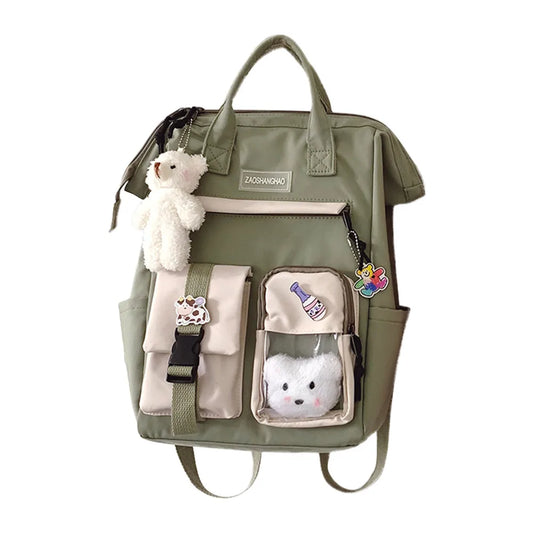Large Capacity Nylon Travel Backpack for Women – Cute Contrast Color with Bear Badge
